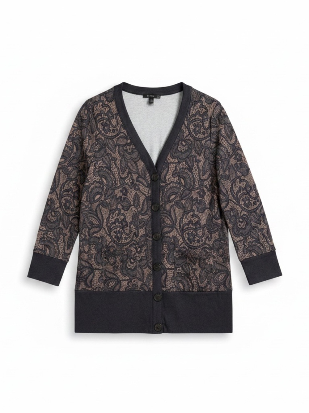 Lily by Firmiana Damask Lace Pattern Grandma Cardigan Charcoal Gray Knit Sweater